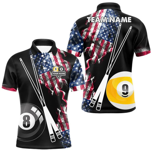 Maxcorners American Flag Smoke 8 Ball & 9 Ball Pool Billiard Shirt For Men Custom Patriotic Billiard Jersey LM2512