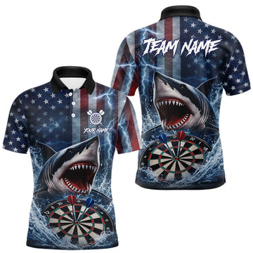 Maxcorners American Flag Shark Darts Shirt For Men Custom Lightning Patriotic Dart Jersey Team Polo & 1/4 Zip LM1501