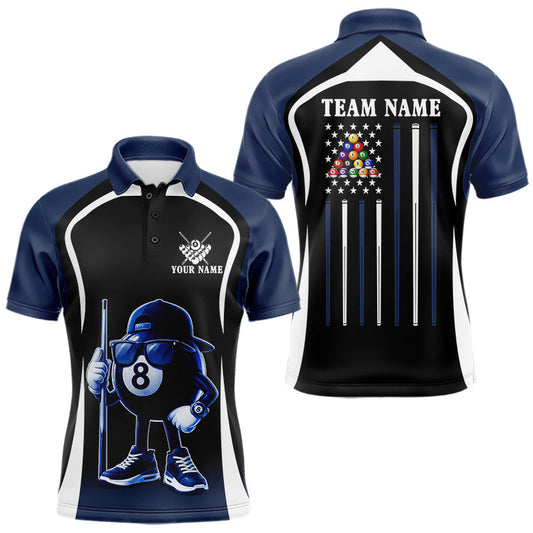 Maxcorners Blue Funny 8 Ball Pool US Flag Billiard Shirt For Men Custom Billiard Team Jersey Polo & 1/4 Zip LM1705