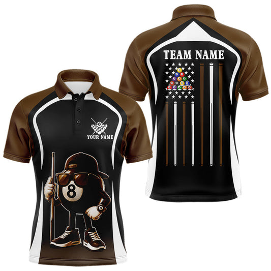 Maxcorners Brown Funny 8 Ball Pool US Flag Billiard Shirt For Men Custom Billiard Team Jersey Polo & 1/4 Zip LM1705