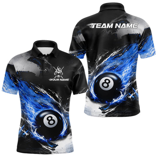 Maxcorners Custom Blue Flaming 8 Ball Pool Billiard Shirt For Men, Billiard Team Jersey Polo & 1/4 Zip LM1005