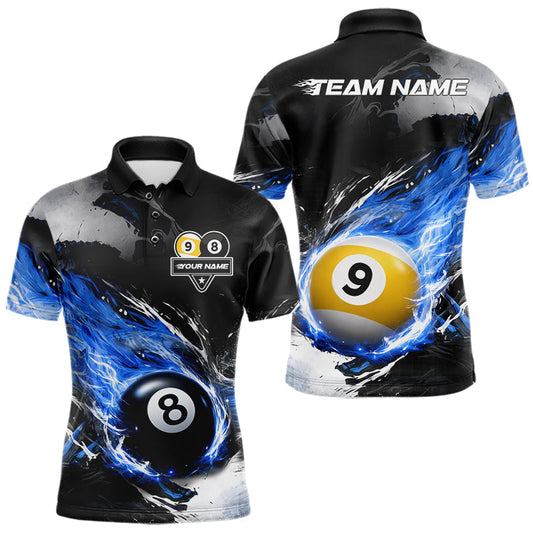 Maxcorners Custom 8 Ball & 9 Ball Pool Blue Flame Billiard Shirt For Men, Billiard Team Jersey Polo & 1/4 Zip LM1005