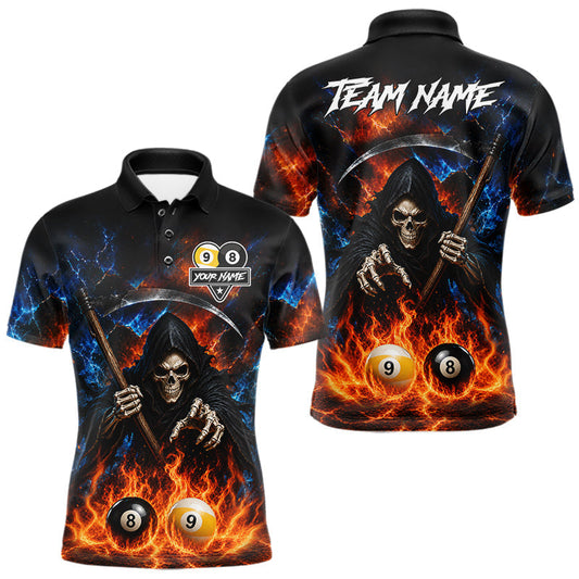 Maxcorners Custom 8 Ball & 9 Ball Fire Grim Reaper Billiard Shirt For Men, Pool Team Jersey Polo & 1/4 Zip LM1705