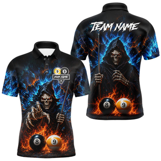 Maxcorners Custom Fire 8 Ball & 9 Ball Grim Reaper Billiard Shirt For Men, Pool Team Jersey Polo & 1/4 Zip LM1705