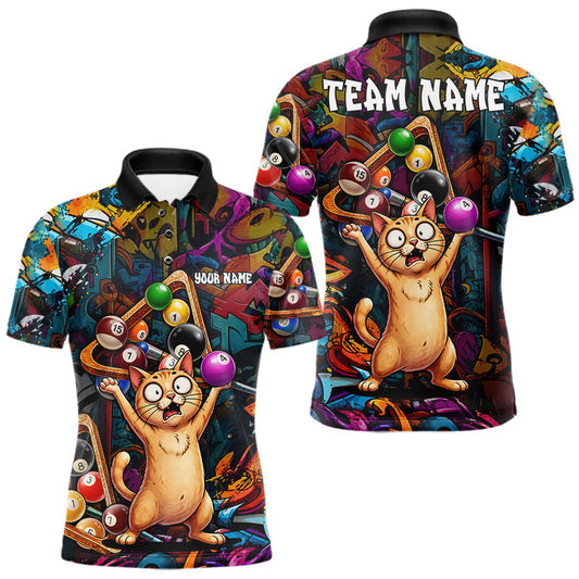 Maxcorners Colorful Billiard Jersey Custom Funny Cat Graffiti Billiard Polo & Quarter Zip Shirts For Men LM1705