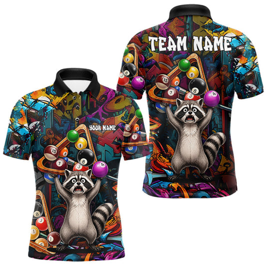 Maxcorners Colorful Billiard Jersey Custom Funny Raccoon Graffiti Billiard Polo & Quarter Zip Shirts For Men LM1705