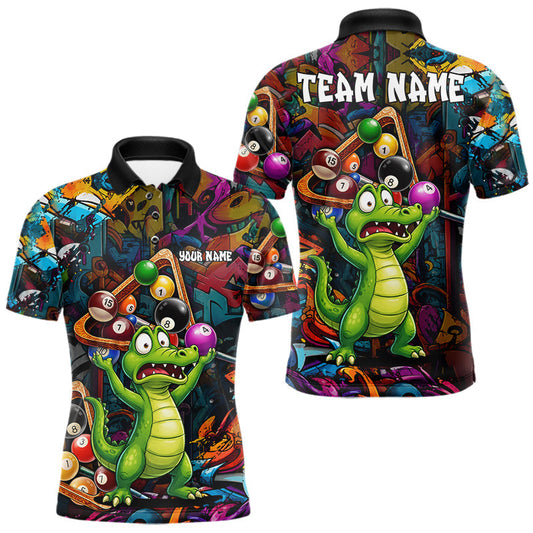 Maxcorners Colorful Billiard Jersey Custom Funny Dinosaur Graffiti Billiard Polo & Quarter Zip Shirts For Men LM1705