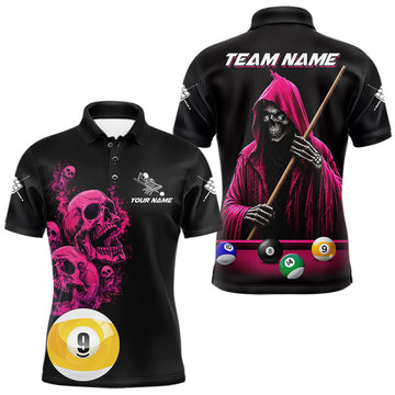 Maxcorners Pink And Black Billiard Skull 9 Ball Pool Shirts For Men Custom Grim Reaper Billiard Team Jersey LM0410