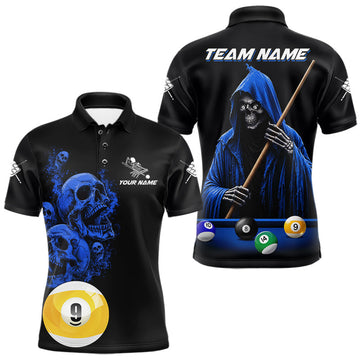 Maxcorners Black And Blue Billiard Skull 9 Ball Pool Shirts For Men Custom Grim Reaper Billiard Team Jersey LM0410