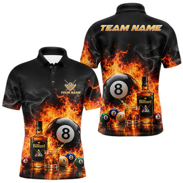 Maxcorners Custom Fire Flame 8 Ball Whiskey Billiard Shirts For Men, Pool Team Jersey Polo & Quarter Zip LM1910