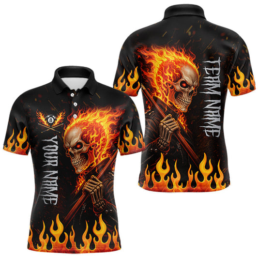 Maxcorners Personalized Orange Flaming Skeleton 8 Ball Billiard Shirt For Men, Pool Team Jersey Polo, 1/4 Zip