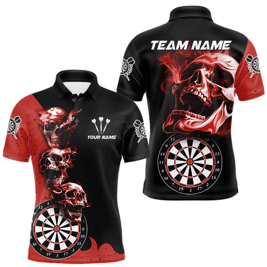 Maxcorners Personalized Smoke Skull Darts Shirts For Men Custom Black And Red Darts League Team Jerseys