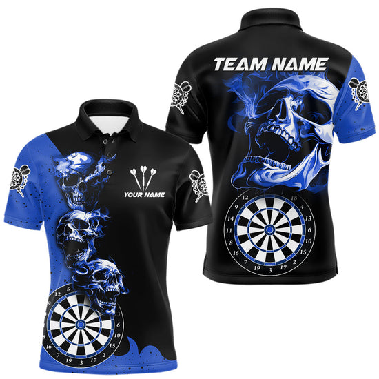 Maxcorners Personalized Smoke Skull Darts Shirts For Men Custom Black And Blue Darts League Team Jerseys