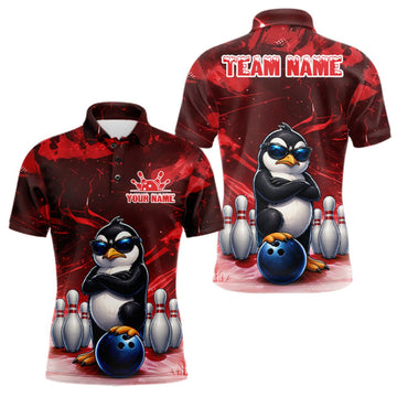 Maxcorners Personalized Red Funny Penguin Bowling Shirt For Men Custom Bowling Team Jersey Polo & 1/4 Zip LM1910