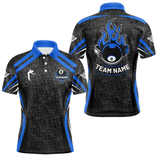 Maxcorners Black And Blue 8 Ball Flame Billiard Shirt For Men Custom Pool Team Shirt, Billiard Jersey
