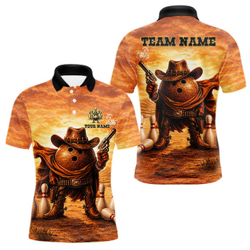 Maxcorners Personalized Funny Cowboy Bowling Ball Polo & 1/4 Zip Shirts For Men Custom Bowling Team Jersey