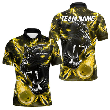 Maxcorners Yellow Flame Panther Bowling Polo, Quarter Zip Shirts For Men Custom Bowling Team League Jerseys