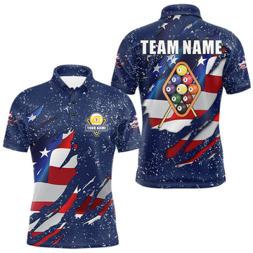 Maxcorners 9 Ball Pool US Flag Navy Blue Grunge Custom Men's Billiard Shirt, Patriotic Billiard Team Jersey