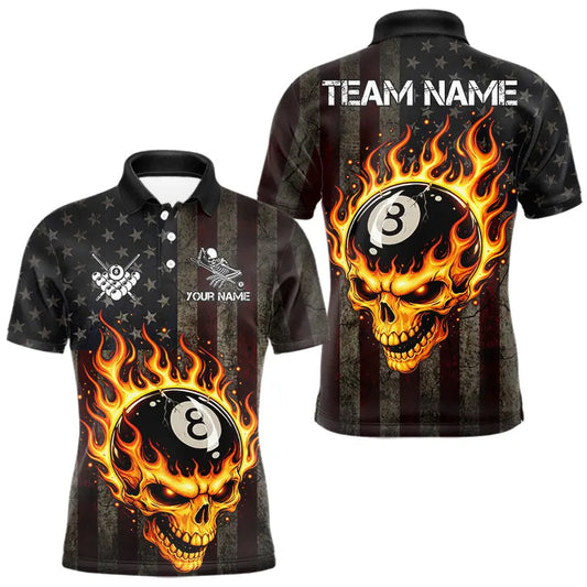 Maxcorners Vintage American Flag Skull Flame Billiard Shirt For Men Custom Patriotic 8 Ball Pool Team Jersey LM1812