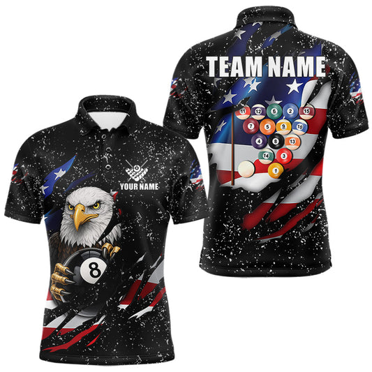 Maxcorners Black Grunge US Flag Eagle Billiard Shirt For Men Custom 8 Ball Pool Team Jersey Polo & 1/4 Zip LM2704
