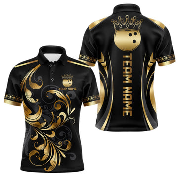 Maxcorners Custom Black And Gold Crown Swirl Bowling Shirts For Men Bowling League Team Jersey Polo, 1/4 Zip LM2709