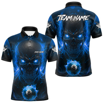 Maxcorners Personalized Blue Billiard Skull Fire 8 Ball Pool Shirt For Men Custom Billiard Team Jersey LM2110