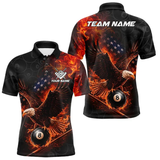 Maxcorners Flaming US Flag Eagle 8 Ball Billiard Shirt For Men Custom Patriotic Pool Jersey Polo & 1/4 Zip LM2704
