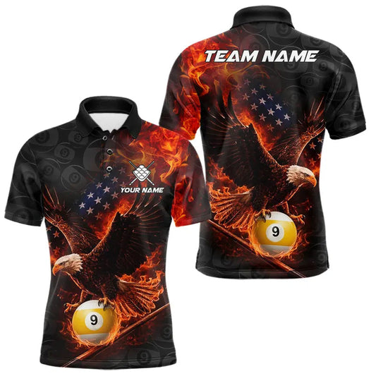 Maxcorners Flaming US Flag Eagle 9 Ball Billiard Shirt For Men Custom Patriotic Pool Jersey Polo & 1/4 Zip LM2704