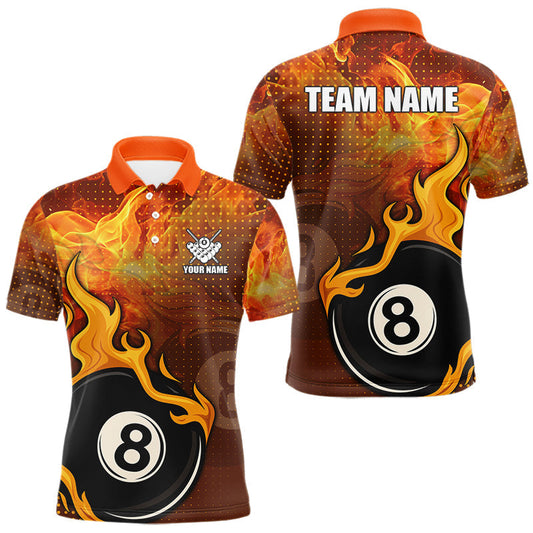 Maxcorners Orange Flaming 8 Ball Pool Billiard Shirt For Men Custom Fire Billiard Jersey Team Polo & 1/4 Zip LM2901