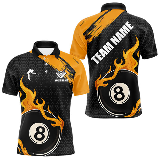 Maxcorners Black And Orange Flaming 8 Ball Billiard Shirt For Men Custom Pool Team Jersey Polo & 1/4 Zip LM2901