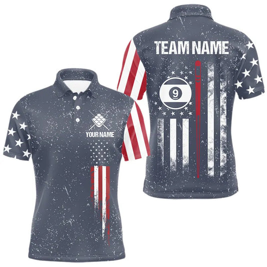 Maxcorners Grunge Navy American Flag 9 Ball Billiard Shirt For Men Custom Patriotic Billiard Shirt Pool Jersey LM2512
