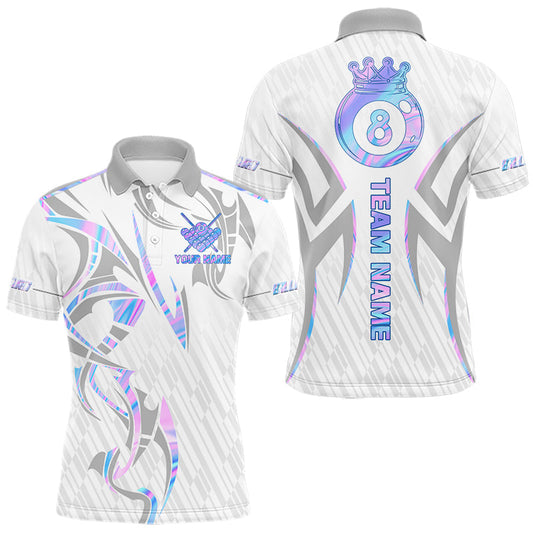 Maxcorners Custom Holographic 8 Ball Crown Billiard Shirts For Men, Pool Team Jersey Polo & 1/4 Zip |White LM2603