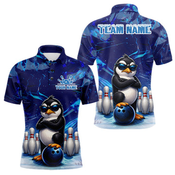 Maxcorners Personalized Blue Funny Penguin Bowling Shirt For Men Custom Bowling Team Jersey Polo & 1/4 Zip