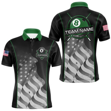 Maxcorners Custom Black Green Grunge American Flag 8 Ball Pool Shirts For Men Patriotic Billiard Team Jersey LM2709