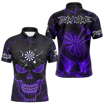 Maxcorners Personalized Skull Cracks Pattern Purple Darts Shirt For Men, Darts League Jersey Polo & 1/4 Zip LM2603