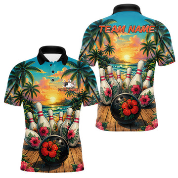 Maxcorners Personalized Hibiscus Summer Bowling Jersey, Ocean Scene Bowling Shirts Polo & Quarter Zip For Men LM2405