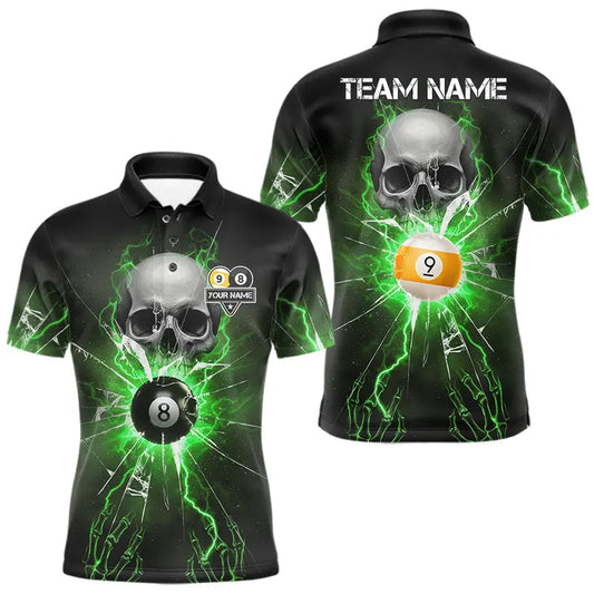 Maxcorners Green 8 & 9 Ball Skull Billiard Shirt For Men Custom Glass Break Pool Team Jersey Polo & 1/4 Zip LM2602