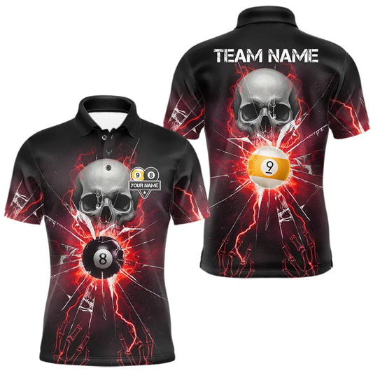 Maxcorners Red 8 Ball & 9 Ball Skull Billiard Shirt For Men Custom Glass Break Pool Team Jersey Polo, 1/4 Zip LM2602