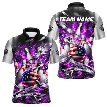 Maxcorners Custom Silver Purple Flame American Flag Bowling Shirts For Men, Bowling League Team Jersey LM2709