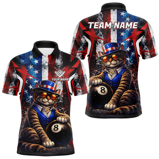 Maxcorners Funny Cat 8 Ball Billiard Shirt For Men Custom Vintage US Flag Pool Team Jersey Polo & 1/4 Zip LM2602