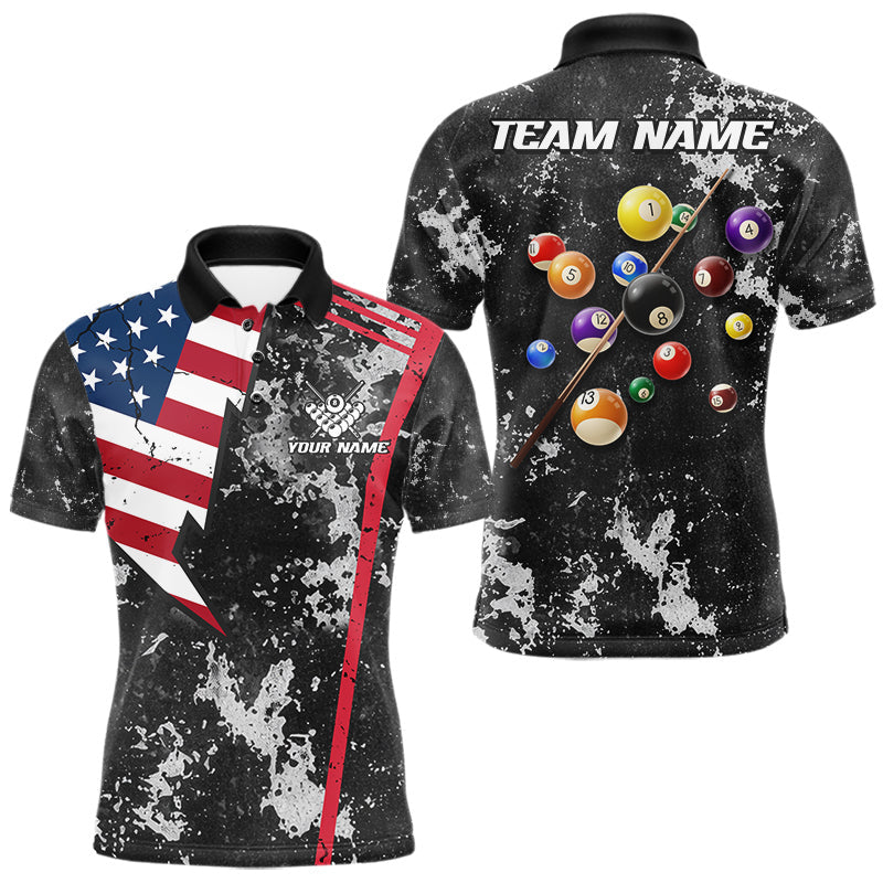 Maxcorners American Flag Grunge Billiard Shirts For Men Custom Patriotic Pool Team Jersey Polo & 1/4 Zip