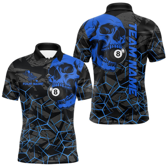Maxcorners Custom Blue 8 Ball Pool Skull Billiard Shirt For Men, Billiard League Jersey Polo & Quarter Zip