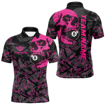 Maxcorners Custom Pink Ribbon Billiards Jersey For Men, Breast Cancer Skull 8 Ball Pool Shirt Polo & Quarter Zip
