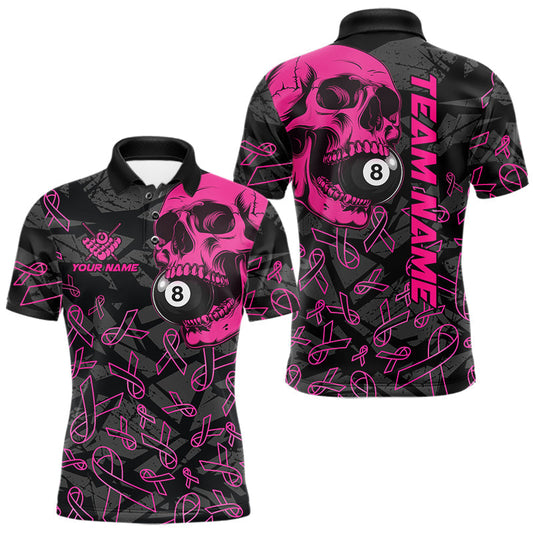 Maxcorners Custom Pink Ribbon Billiards Jersey For Men, Breast Cancer Skull 8 Ball Pool Shirt Polo & Quarter Zip