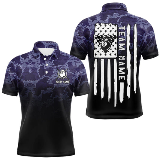 Maxcorners Black And Purple Camo US Flag 8 Ball Billiard Shirt For Men Custom Pool Team Jersey Polo & 1/4 Zip