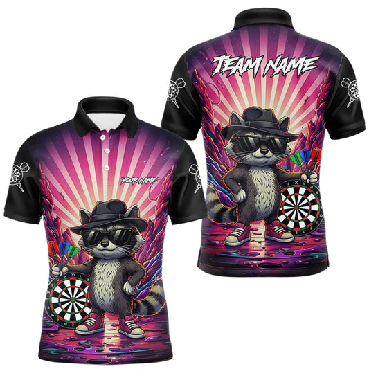 Maxcorners Pink Funny Raccoon Neon Graffiti Darts Shirt For Men Custom Darts Jersey Team Polo & 1/4 Zip