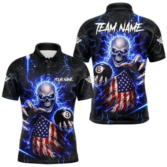 Maxcorners Blue Lightning 8 Ball US Flag Skull Billiard Shirt For Men Custom Pool Team Jersey Polo & 1/4 Zip