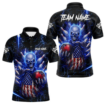 Maxcorners Blue Lightning US Flag Skull Bowling Shirt For Men Custom Bowling Team Jersey Polo & Quarter Zip LM0404