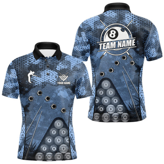 Maxcorners Blue Camo 8 Ball Billiard Shirt For Men Custom Pool Team Shirt, Billiard Jersey Polo & 1/4 Zip