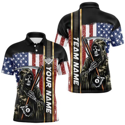 Maxcorners Camo Grim Reaper 8 Ball Billiard Shirt For Men Custom American Flag Pool Team Jersey Polo, 1/4 Zip
